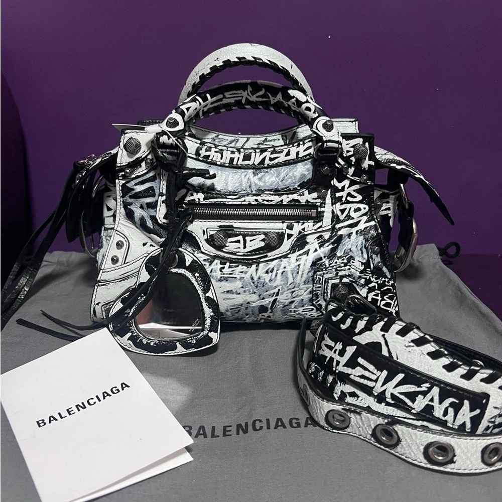 Balenciaga Black and White Graffiti Satchel
